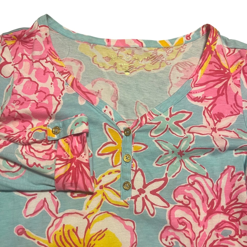 Lilly Pulitzer Blue Pink Floral Pima Cotton Henley Dress Size XS